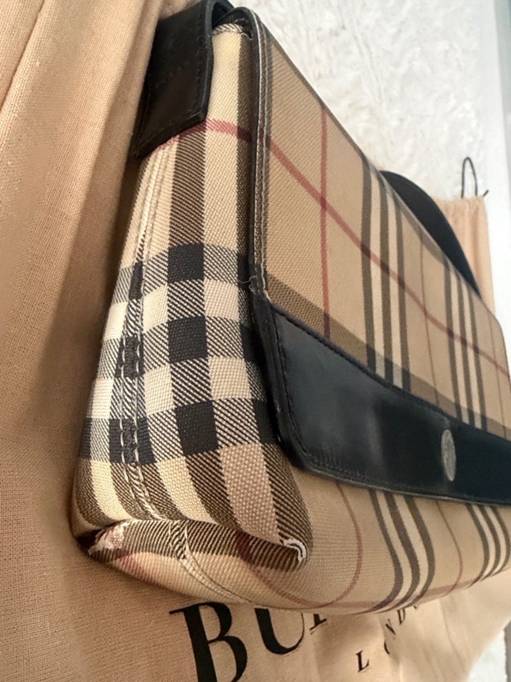 Burberry Beige Check Canvas Shoulder Bag with Black Trim - Picture 12 of 16